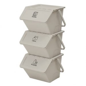 Withmolly Daily Stackable Organizer Stores Recycling Bin Container with Lid, Handle, Recycle Sticker Trash Bin Label, Tools and Toys, Handy Recycler, 3 Pack of Bins beige