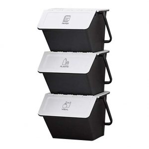 Withmolly Daily Stackable Organizer Stores Recycling Bin Container with Lid, Handle, Recycle Sticker Trash Bin Label, Tools and Toys, Handy Recycler, 3 Pack of Bins, Black and White