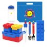 Lunch Box Bento Box Container Salad Box Oxford Block Brick Design For Children Kids Picnic Travel (BoxSet) + Spoon Fork chopsticks set+Bottle, cold pack pouch blue